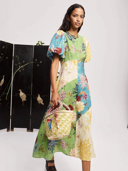 Floral Print Puff Sleeve Linen Dress Casual Elegant Style