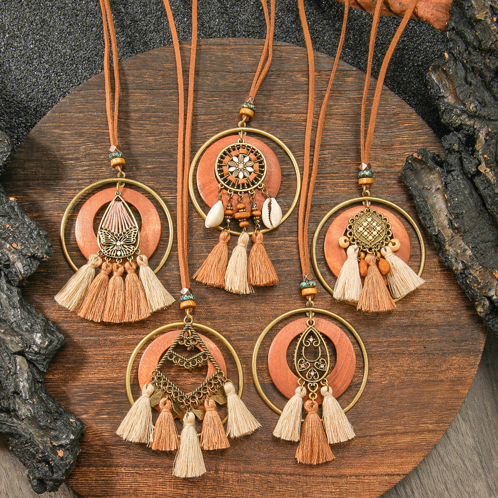 Bohemian Long Necklace with Tassels and Geometric Shapes