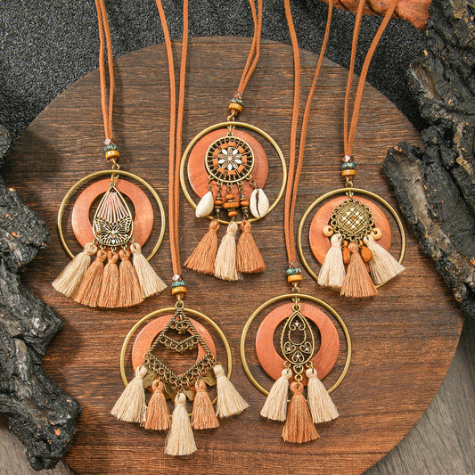 Bohemian Long Necklace with Tassels and Geometric Shapes