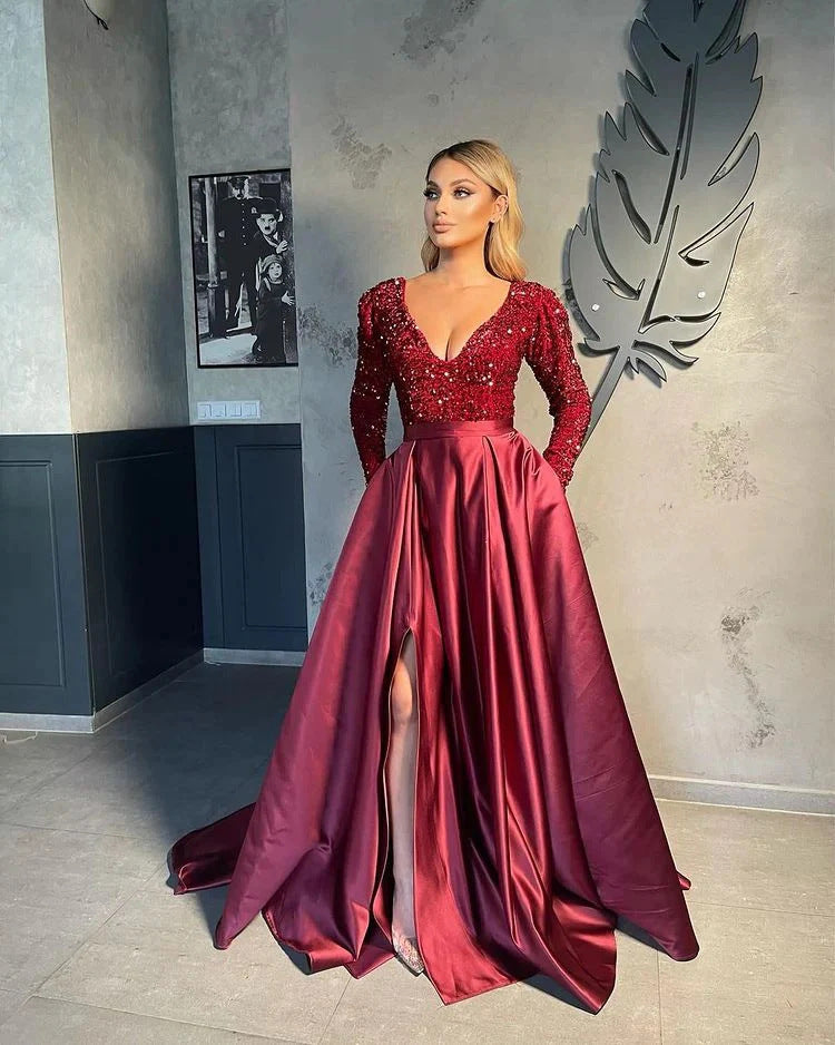 Sequin V-Neck Flared Long Dress With Side Slit
