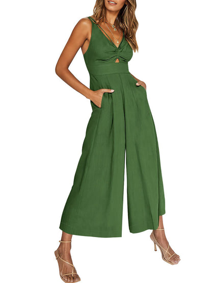 V-Neck Solid Color Straight Leg Jumpsuit