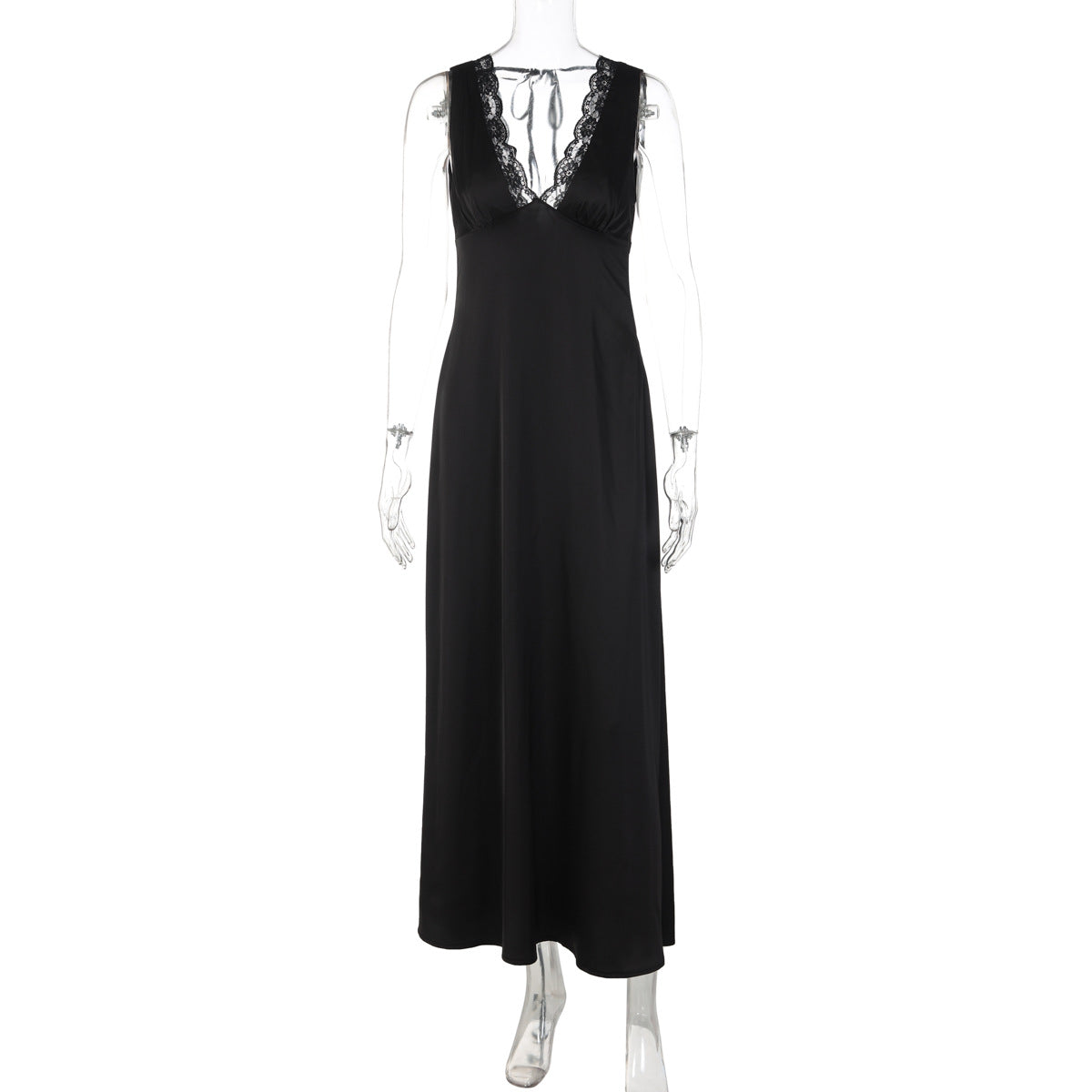 Deep V Lace Trim Bodycon Dress Black Elegant Style