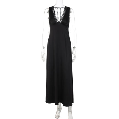 Deep V Lace Trim Bodycon Dress Black Elegant Style