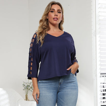 V-Neck Hollow Out Batwing Sleeve Plus Size Top