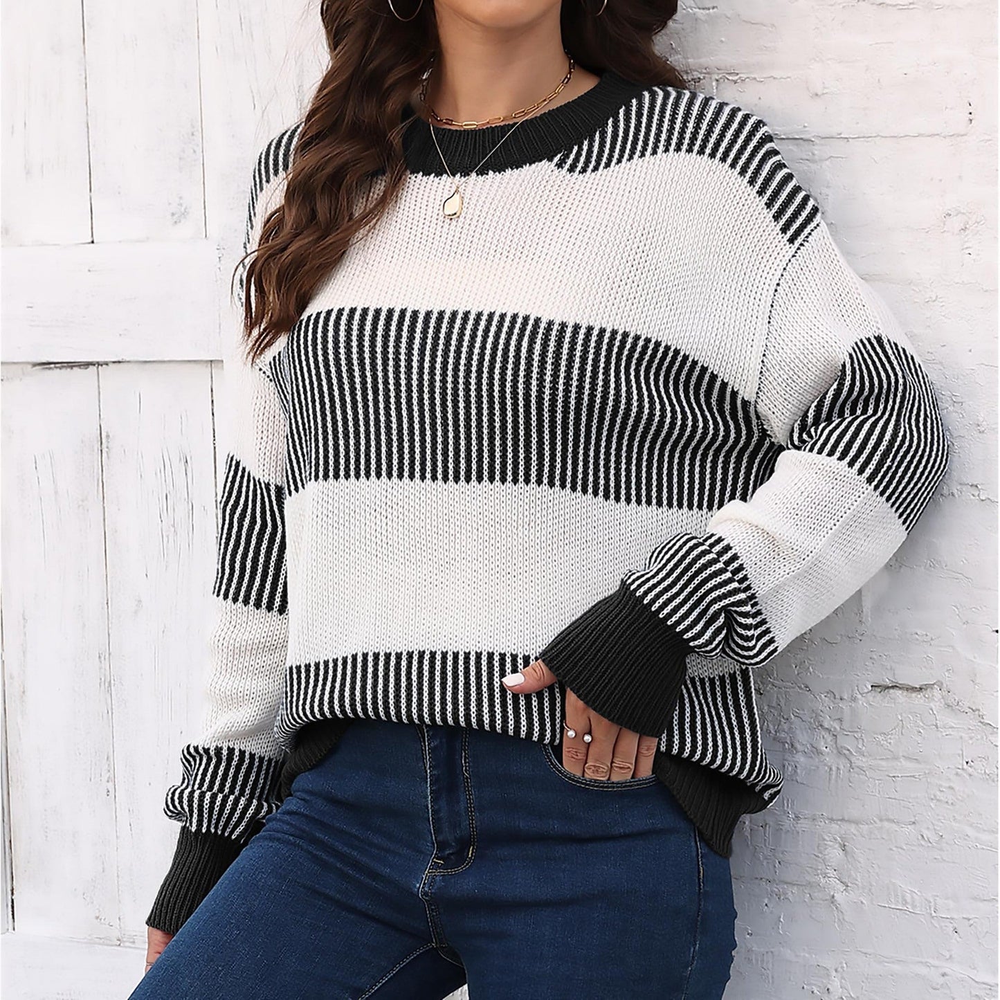 Casual Striped Pullover Sweater Soft Acrylic Knit Fashion