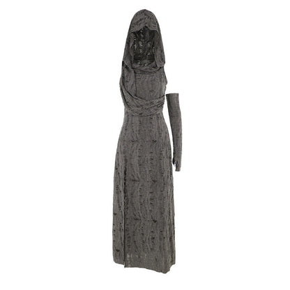 Hooded Long Dress with Side Slit in Solid Gray