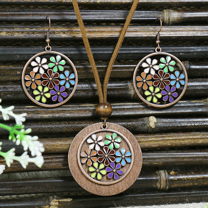 Vintage Floral Alloy Wood Pendant Necklace Set