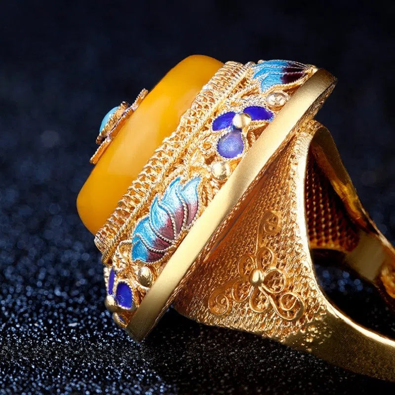 Handmade Silver Flower Silk Inlaid With Topaz Honey Wax S925 Silver Ring Retro Palace Gilded Gold Big Thumb Ring