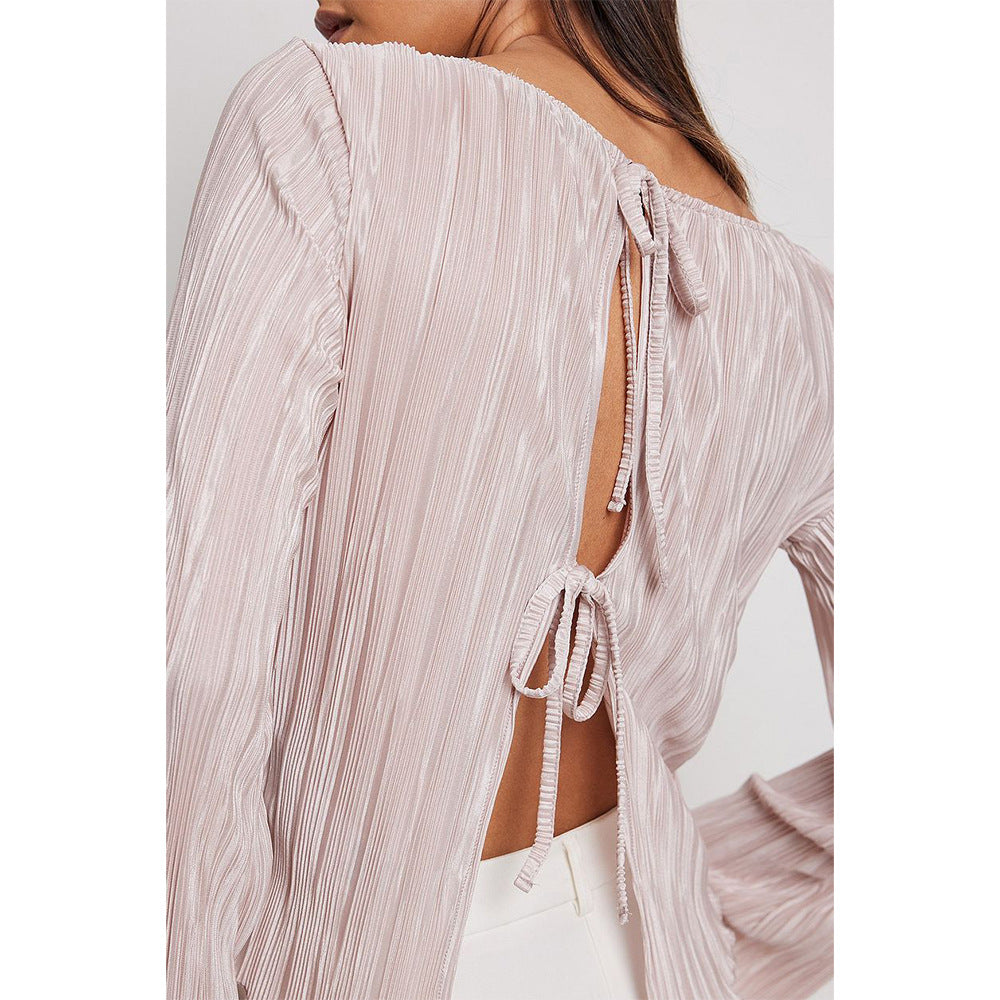 Elegant Ruched Flared Sleeve Back-Tie Top