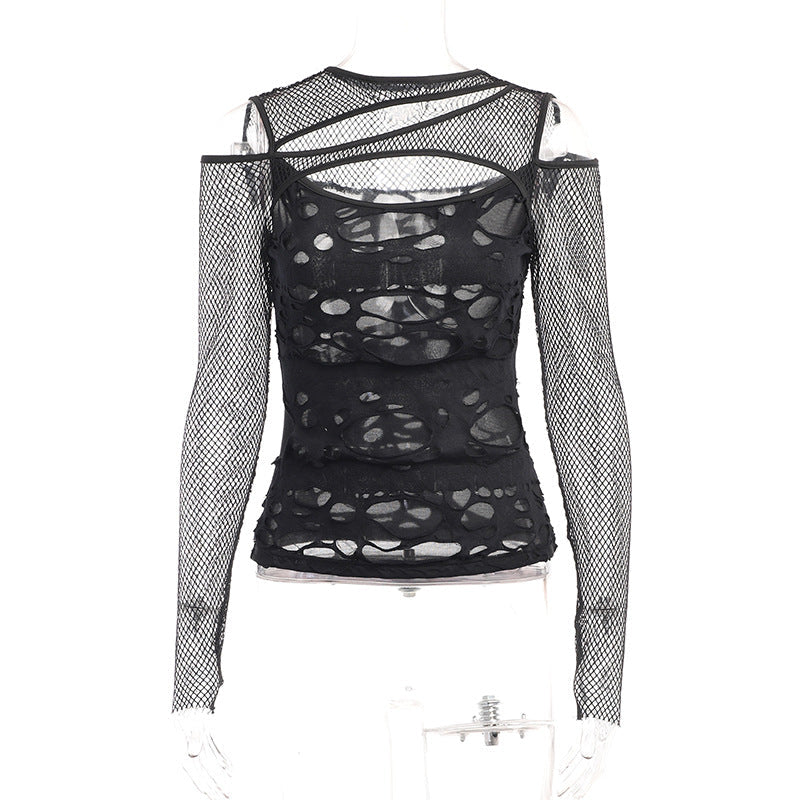 Edgy Black Mesh Cutout Long Sleeve Top