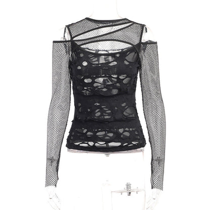 Edgy Black Mesh Cutout Long Sleeve Top