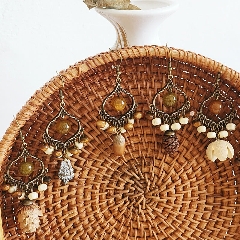Bohemian Geometric Tassel Earrings with Agate Beads