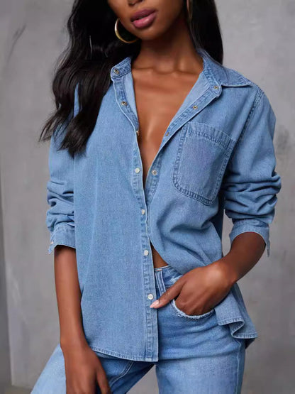 Women’s Denim Shirt Pocket Loose-Fit Long Sleeve Top
