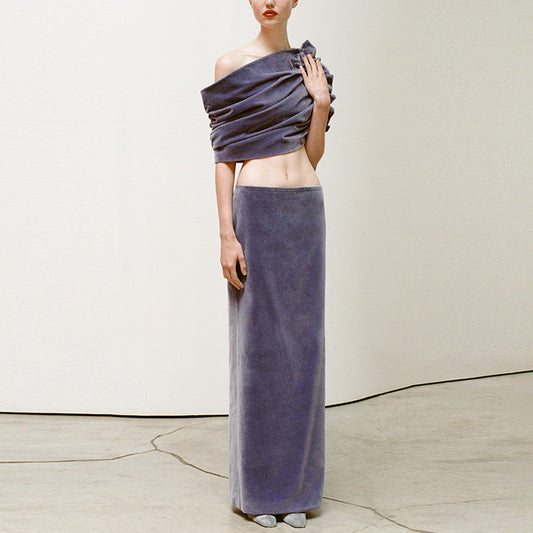 Trendy French Style Velvet Two-Piece Set With Asymmetrical Top And Skirt