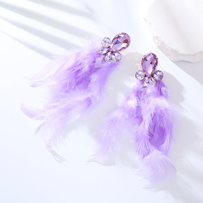 Feather Long Earrings with Rhinestones Stylish Geometry Design