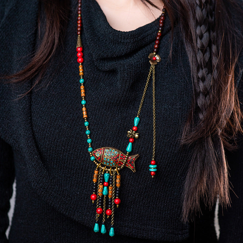 Nepal Retro Ethnic Style Long Necklace Sweater Chain Tibetan Beaded Fringed Necklace