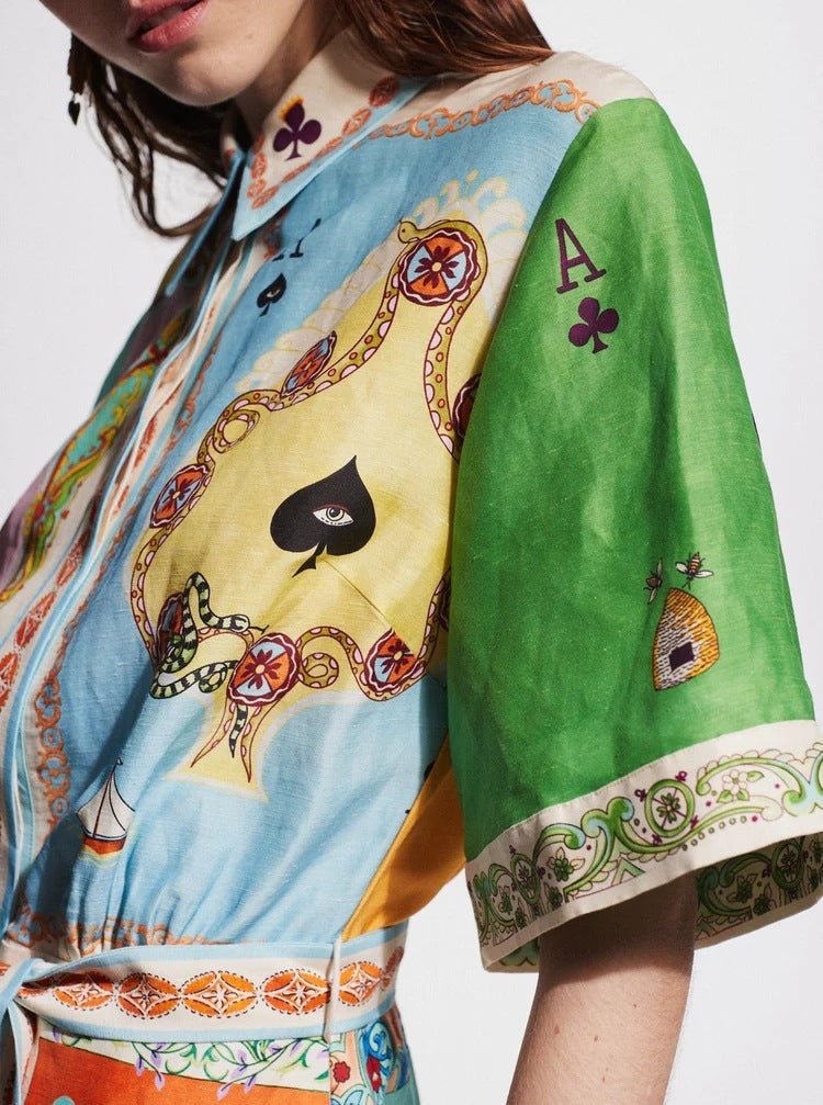Casual Printed Linen Dress with Bell Sleeves
