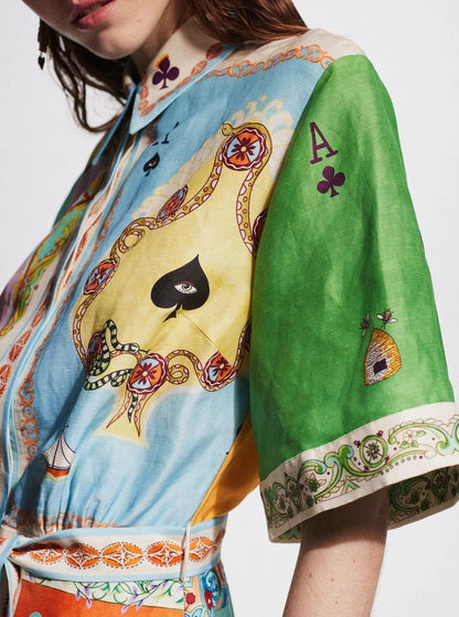 Casual Printed Linen Dress with Bell Sleeves