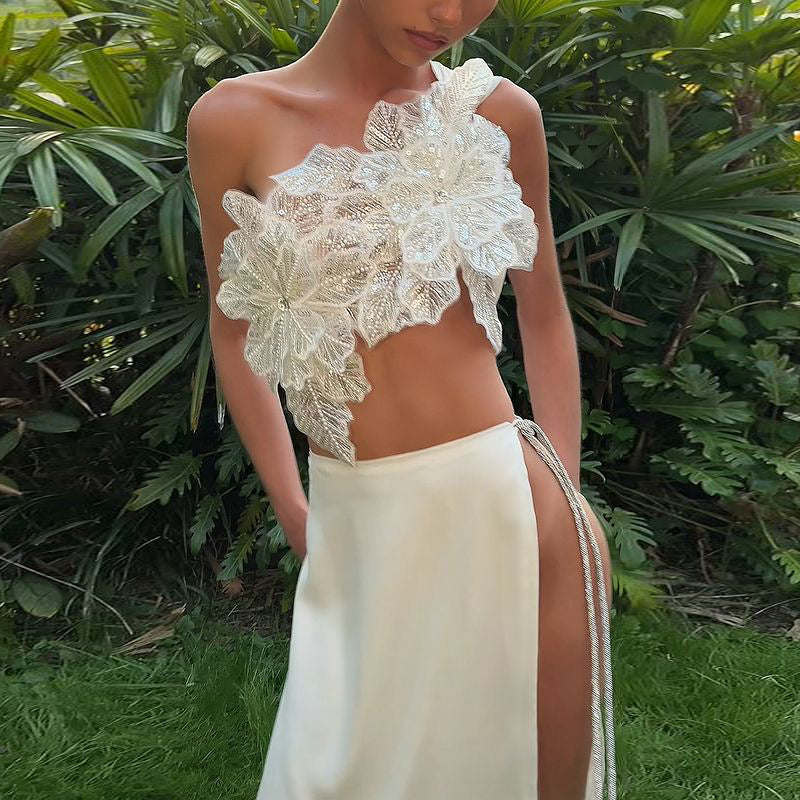 Backless Sequin Tie-Up Top And Split Skirt Set