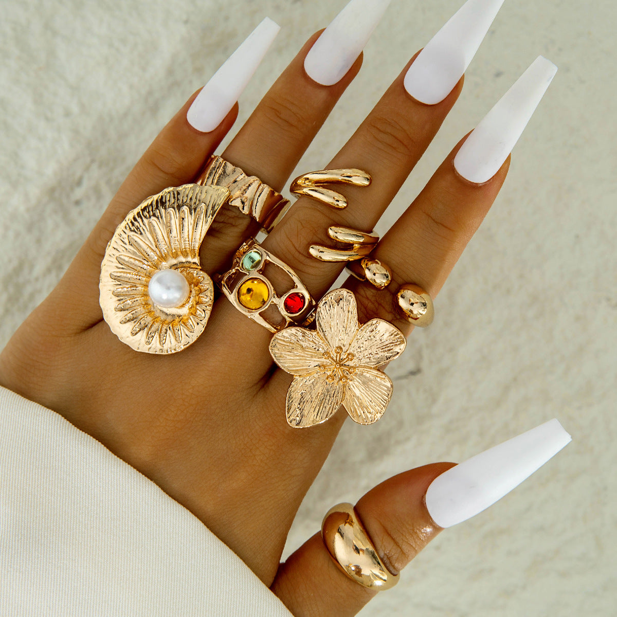 Irregular Pearl Ring Set Trendy Gold Retro Geometric Statement Rings