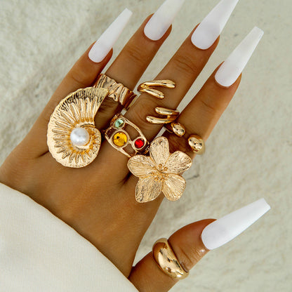 Irregular Pearl Ring Set Trendy Gold Retro Geometric Statement Rings