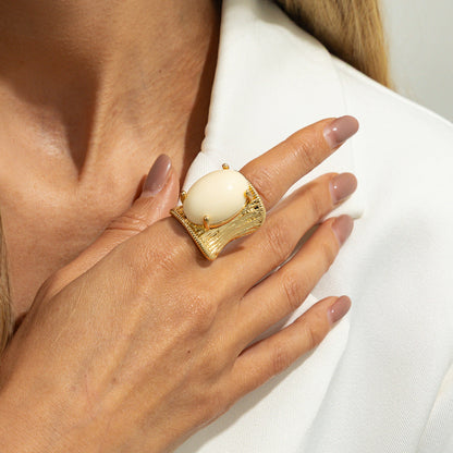 Geometric Resin Gemstone Open Ring Trendy Wide Band