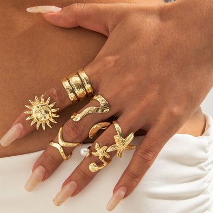 Bohemian Pearl Flower Ring Set Alloy Plating Metal Rings