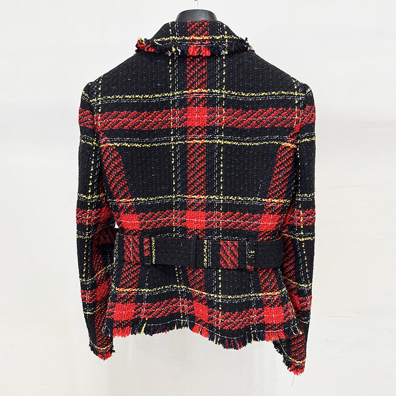Trendy Checkered Tweed Blazer With Waist Tie