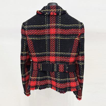 Trendy Checkered Tweed Blazer With Waist Tie