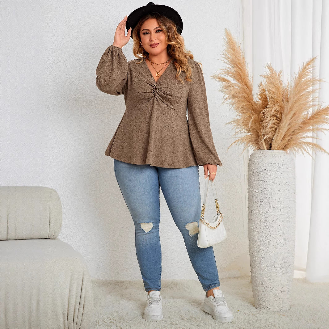 Casual V-Neck Long Sleeve Top For Plus Size Women