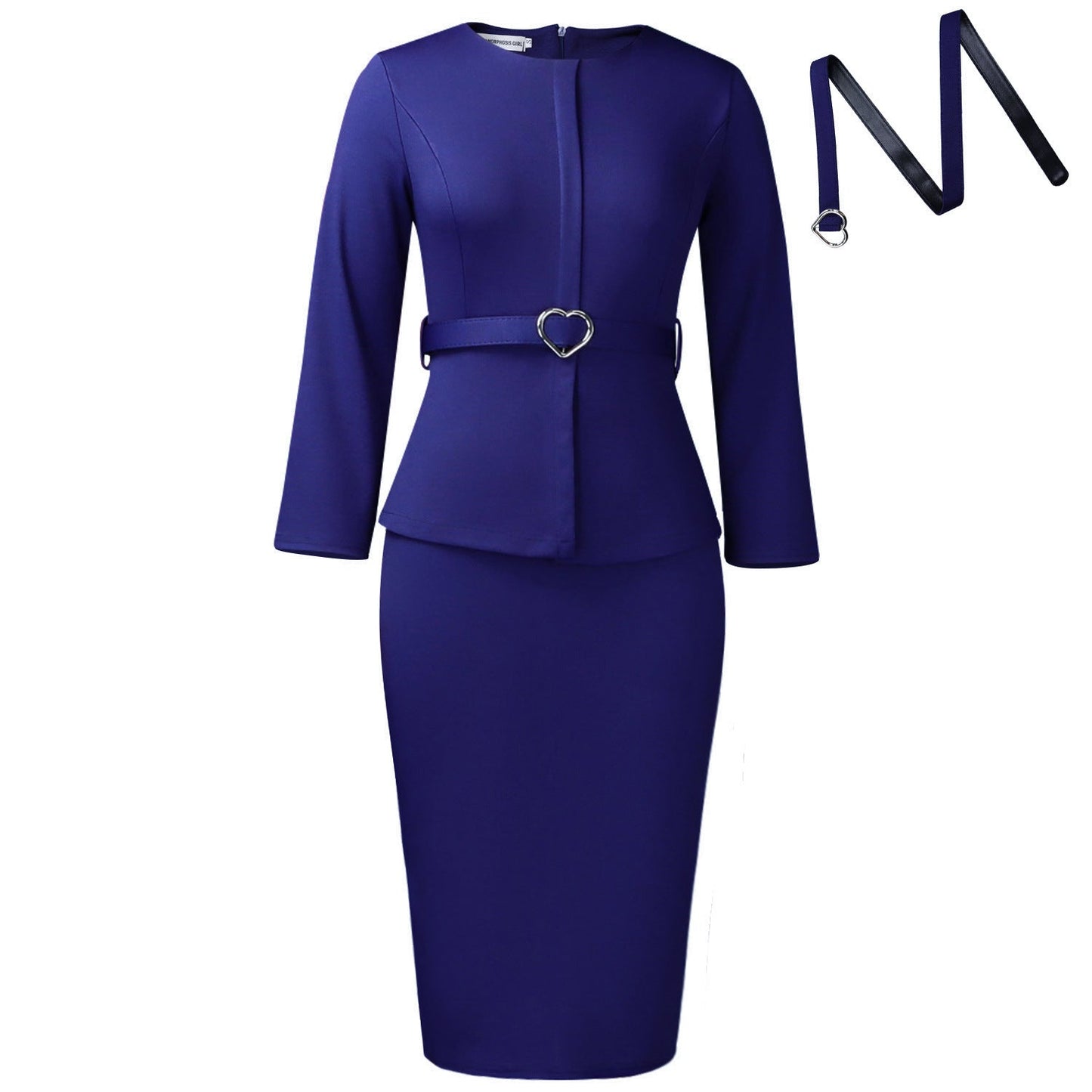 Elegant Round Neck Pencil Dress With Belt