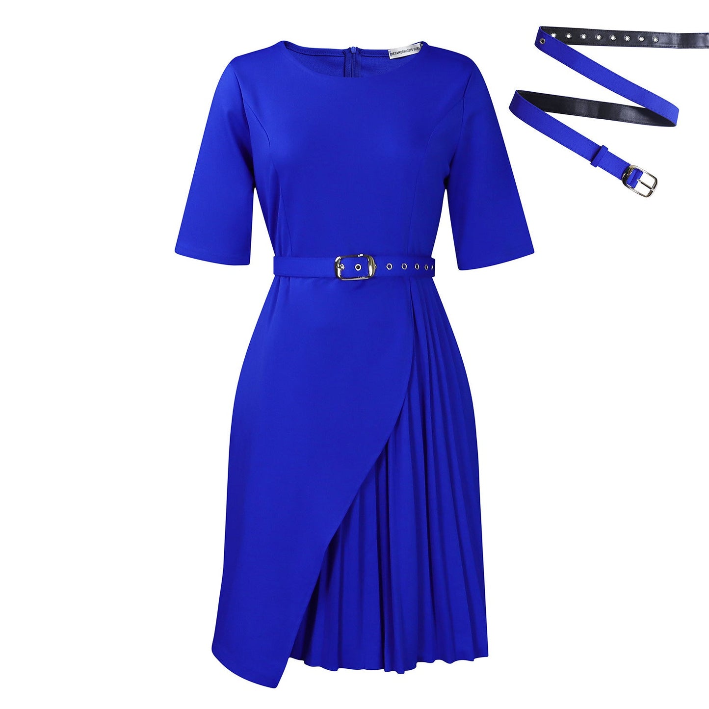 Elegant High-Waisted Pleated Midi Dress With Belt