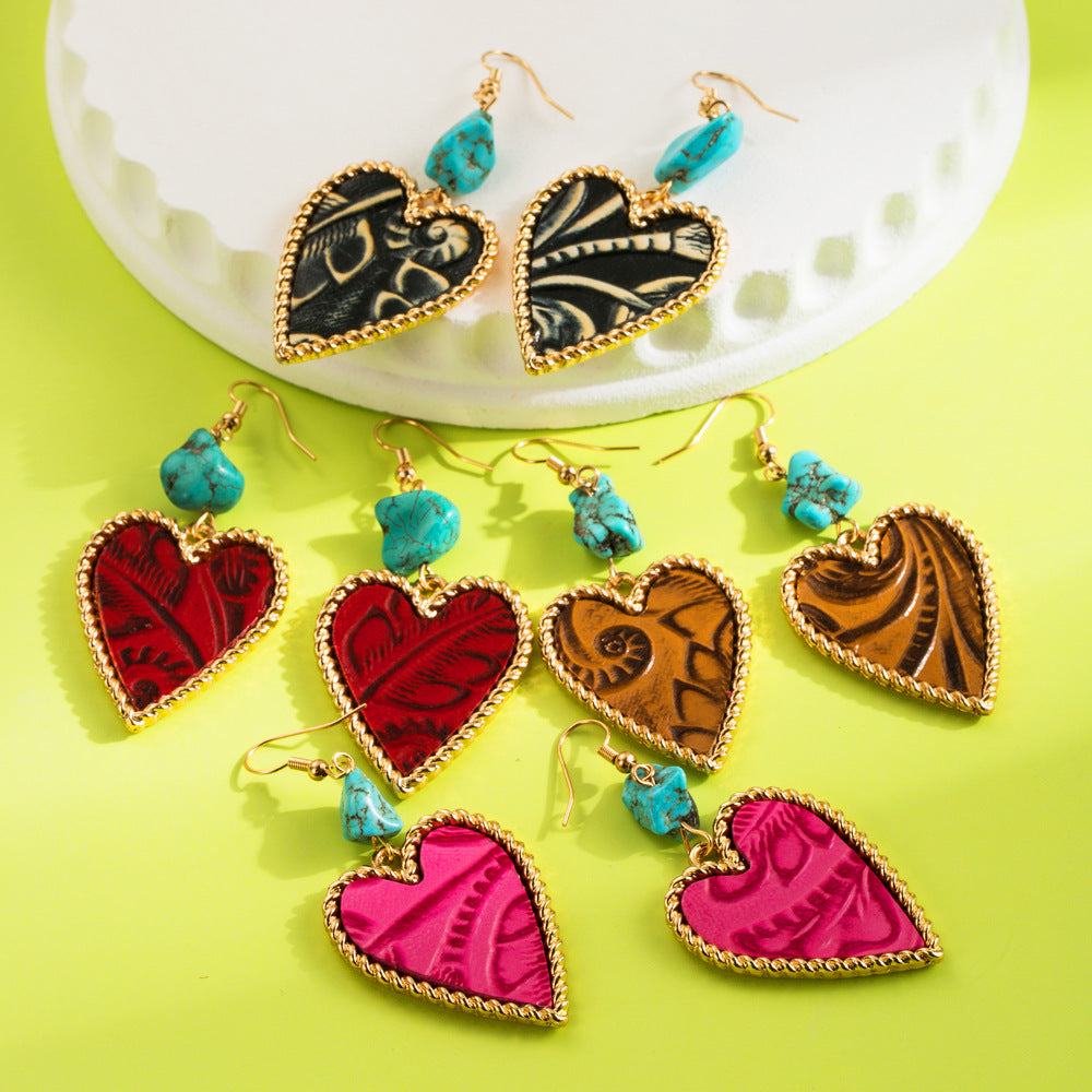 Heart-Shaped Turquoise and Leather Alloy Earrings for Women