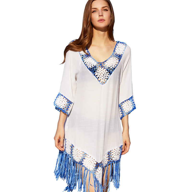 Hand Crochet Fringed Lace Outdoor Hollow Hand-Woven Beach Sunscreen Bohemian Beach Skirt Women