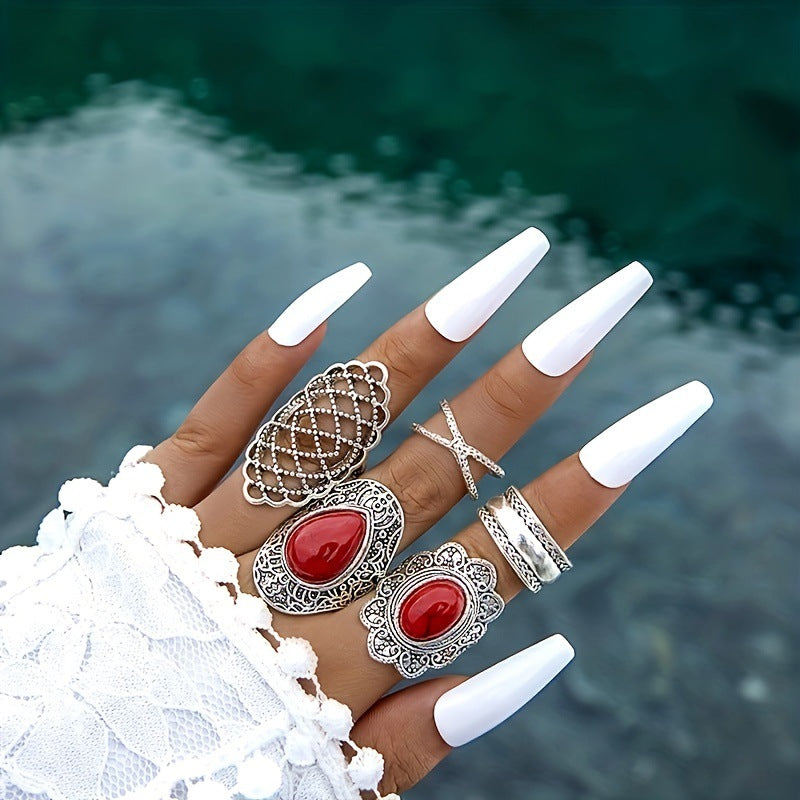 Bohemian Style Carved Feather Turquoise Ring Set
