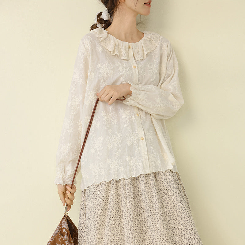 Fresh Lace Doll Collar Cotton Shirt Embroidered Casual Top