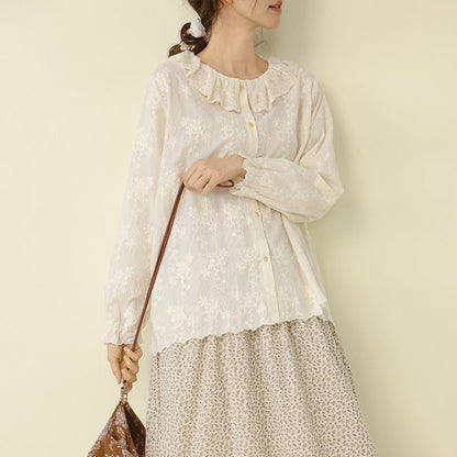 Fresh Lace Doll Collar Cotton Shirt Embroidered Casual Top