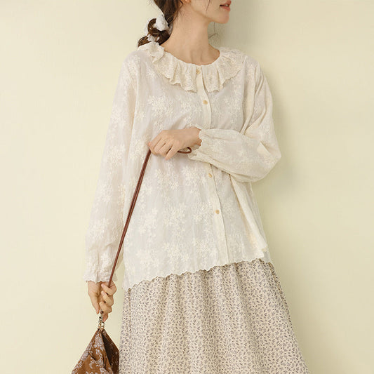 Fresh Lace Doll Collar Cotton Shirt Embroidered Casual Top
