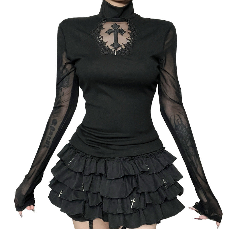 Black Mesh Long Sleeve Top With Cross Design