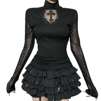 Black Mesh Long Sleeve Top With Cross Design