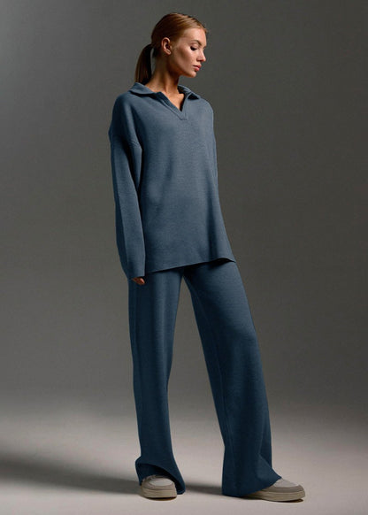 Relaxed Knit Lounge Set Soft Blue White