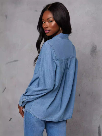 Women’s Denim Shirt Pocket Loose-Fit Long Sleeve Top