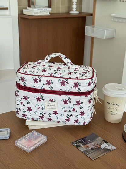 Burgundy Floral Corduroy Makeup Bag Large Capacity Travel Organizer