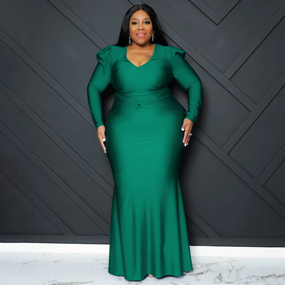Sleek Solid Color Long Sleeve V-Neck Dress For Night Out