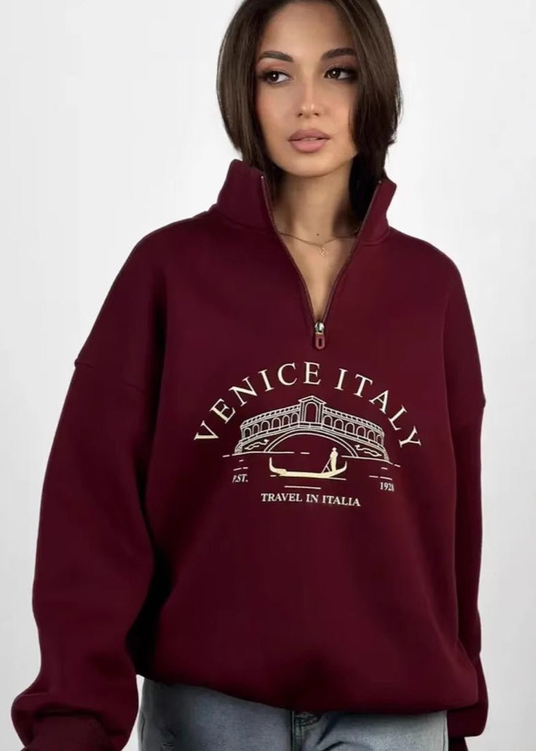 Quarter Zip Sweatshirt In Cozy Burgundy Fabric