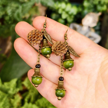 Bohemian Floral-Inspired Alloy Earrings with Unique Wood Bead Design