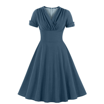 Retro V-Neck Waist-Tie Flared Dress