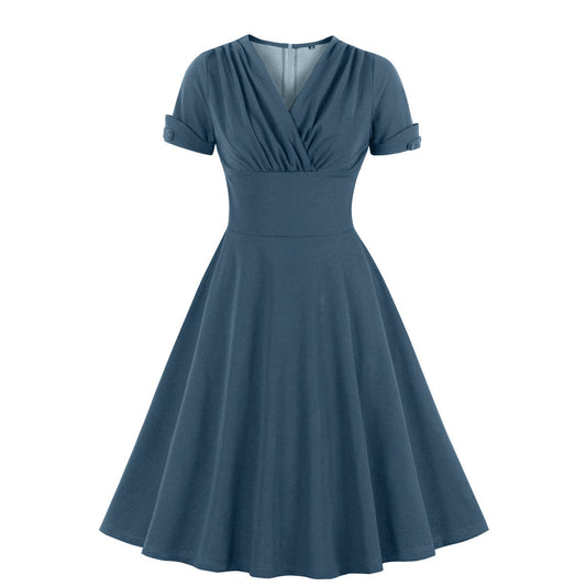 Retro V-Neck Waist-Tie Flared Dress