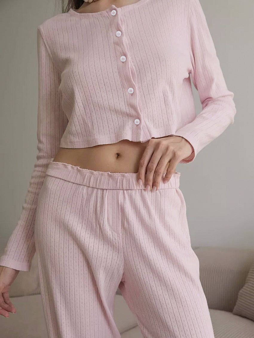 Solid Color Knit Long Sleeve Sleepwear Set