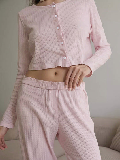 Solid Color Knit Long Sleeve Sleepwear Set